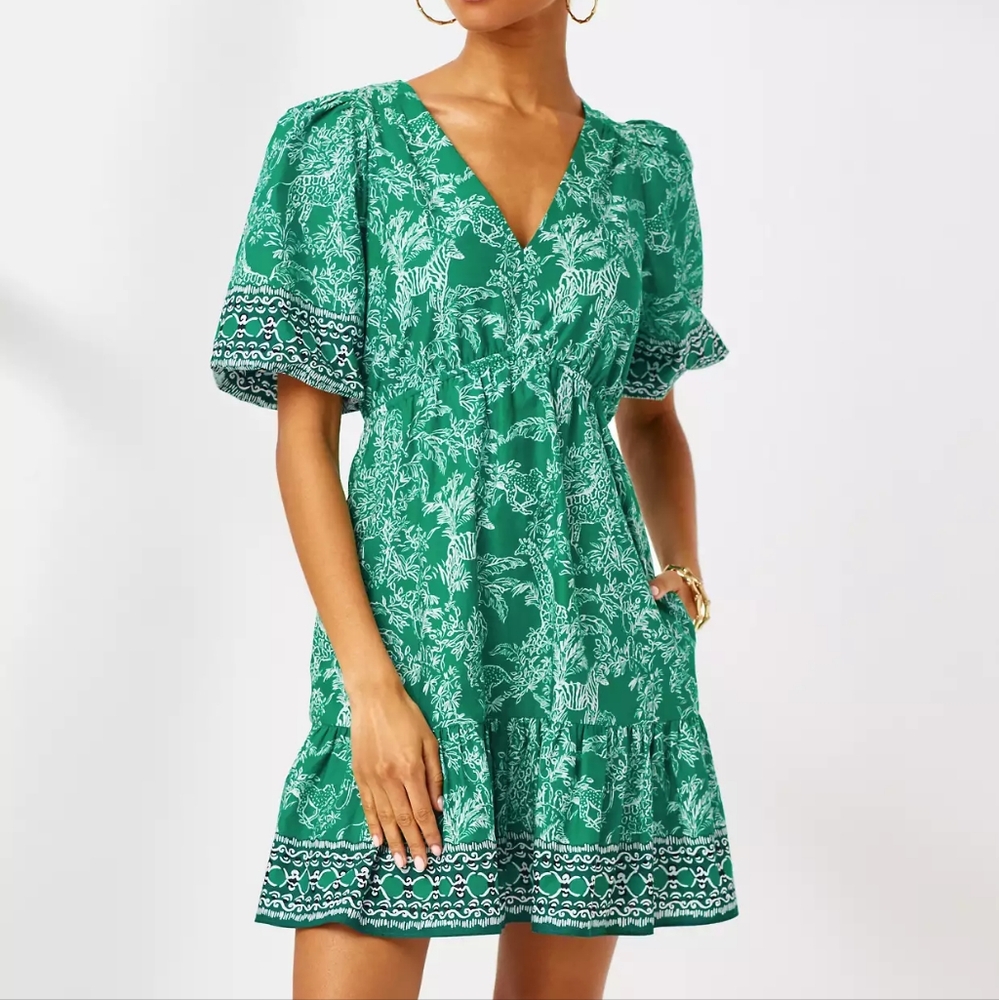 Lilly Pulitzer Kentlee Dress in Fiddle Leaf Green Safari Party